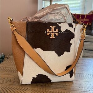 Tory Burch Tan and White Cow Print Shoulder Bag